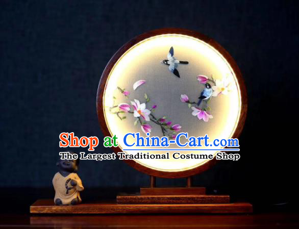 Chinese Handmade LED Lamp Embroidered Mangnolia Table Screen Suzhou Double Side Embroidery Craft Desk Lantern
