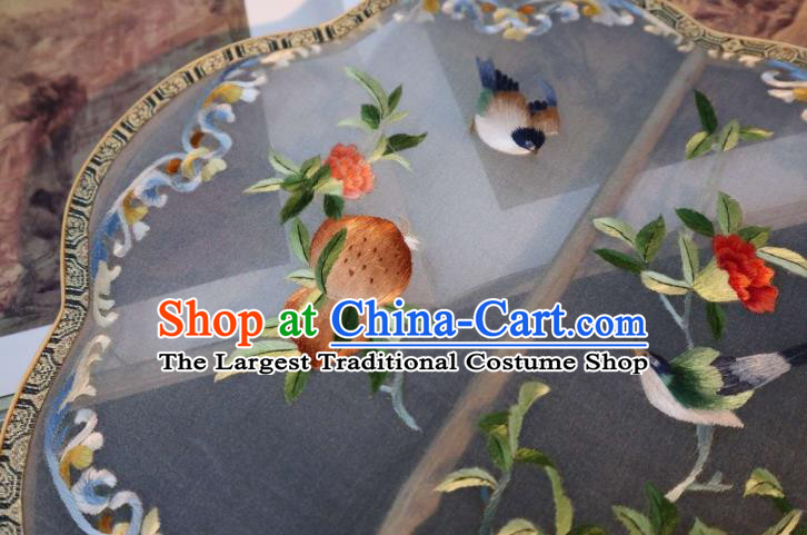 China Classical Dance Fans Traditional Ming Dynasty Hanfu Fan Embroidered Peach Palace Fan Handmade Double Side Blue Silk Fan