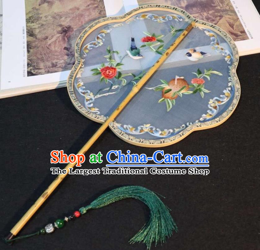 China Classical Dance Fans Traditional Ming Dynasty Hanfu Fan Embroidered Peach Palace Fan Handmade Double Side Blue Silk Fan