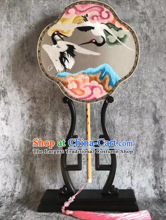 China Embroidered Crane Palace Fan Handmade Double Side Silk Fan Classical Dance Fans Traditional Hanfu Fan