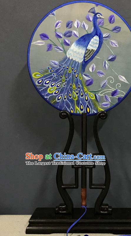 China Handmade Double Side Fan Classical Dance Circular Fans Traditional Hanfu Silk Fan Suzhou Embroidered Blue Peacock Palace Fan