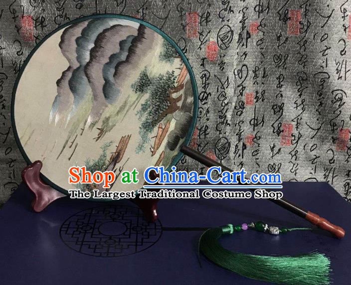 China Suzhou Embroidered Landscape Palace Fan Handmade Double Side Fan Classical Dance Circular Fans Traditional Hanfu Silk Fan