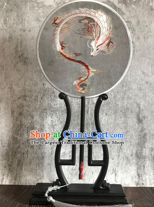 China Traditional Hanfu Grey Silk Fan Suzhou Embroidered Dragon Fan Handmade Double Side Palace Fan Classical Circular Fans