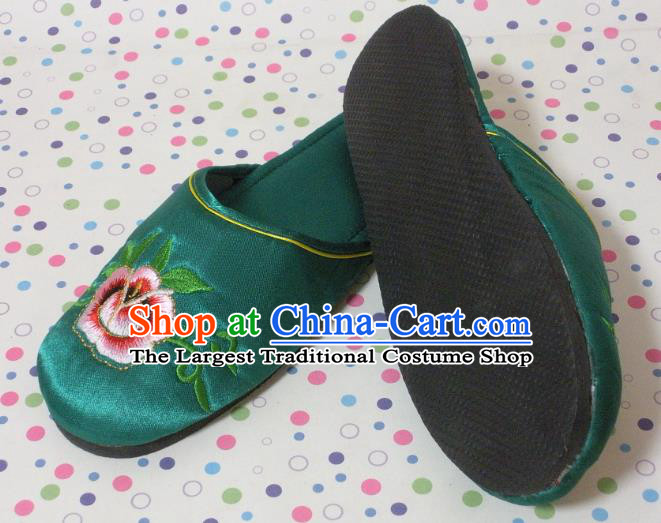 Chinese Wedding Shoes Handmade Green Satin Shoes Embroidery Peony Slippers
