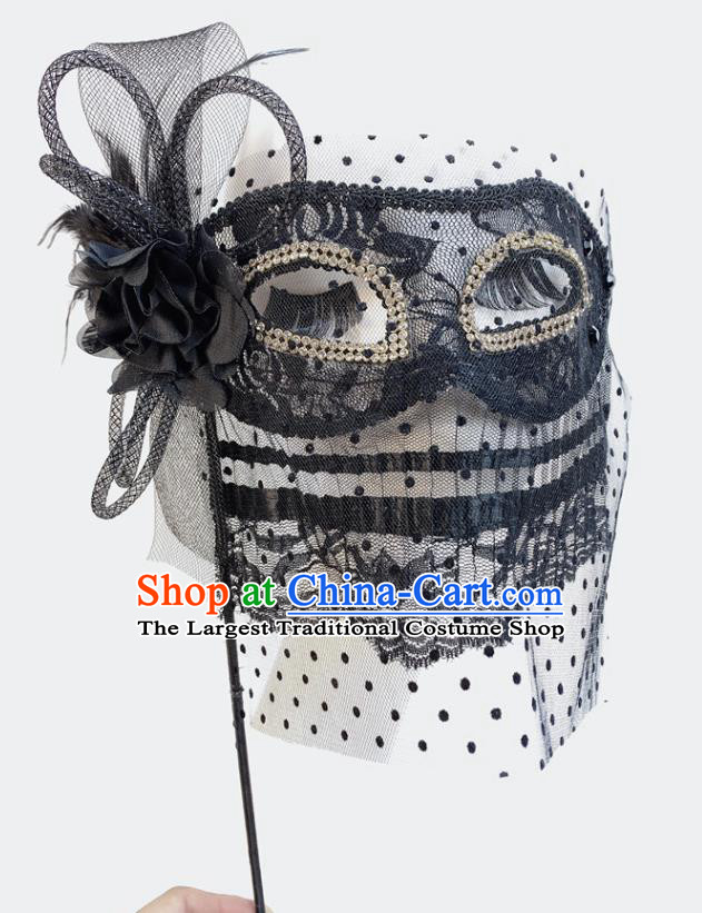 Halloween Stage Performance Deluxe Headpiece Cosplay Party Handheld Mask Handmade Black Lace Face Mask