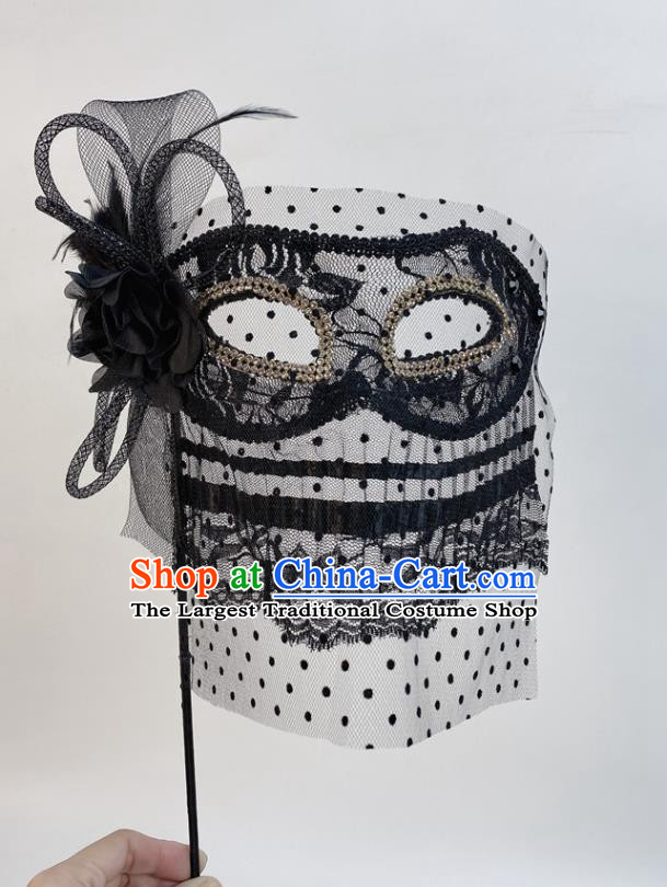 Halloween Stage Performance Deluxe Headpiece Cosplay Party Handheld Mask Handmade Black Lace Face Mask