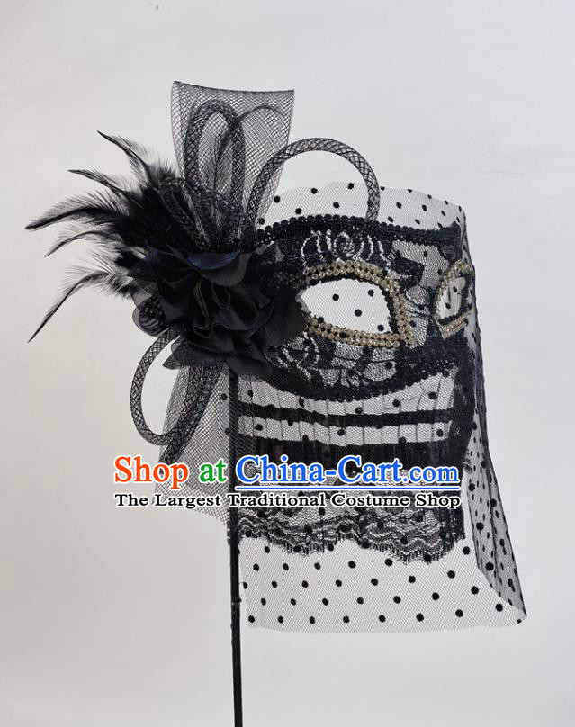 Halloween Stage Performance Deluxe Headpiece Cosplay Party Handheld Mask Handmade Black Lace Face Mask