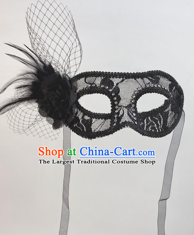 Cosplay Party Black Lace Peony Mask Handmade Feather Face Mask Halloween Stage Performance Deluxe Headpiece