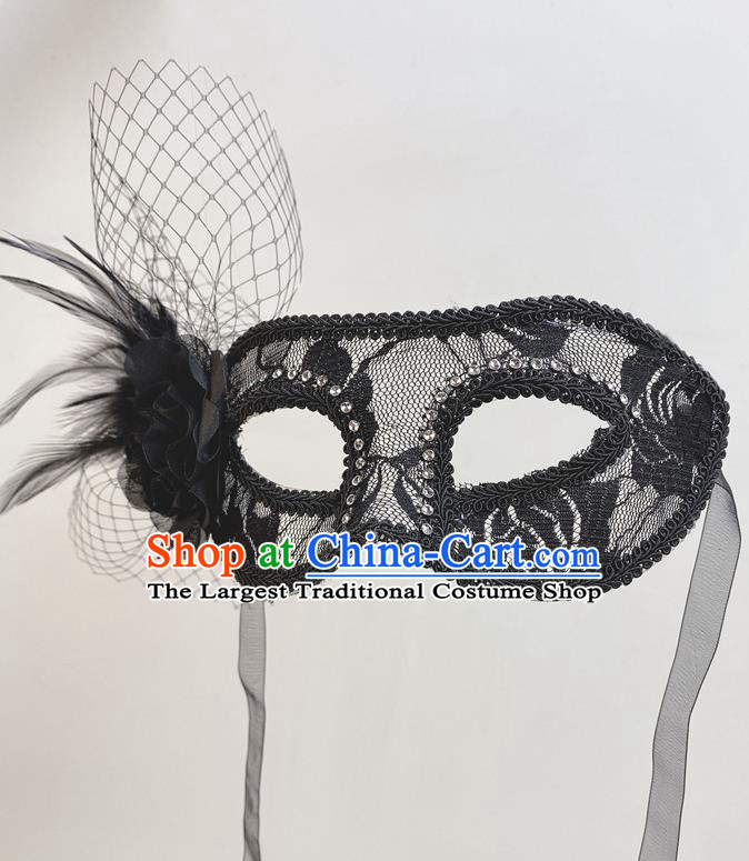 Cosplay Party Black Lace Peony Mask Handmade Feather Face Mask Halloween Stage Performance Deluxe Headpiece