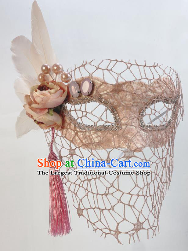 Handmade Pink Peony Face Mask Halloween Stage Performance Deluxe Headpiece Cosplay Party Feather Mask