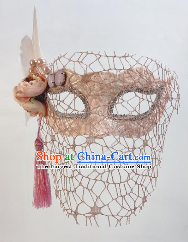 Handmade Pink Peony Face Mask Halloween Stage Performance Deluxe Headpiece Cosplay Party Feather Mask