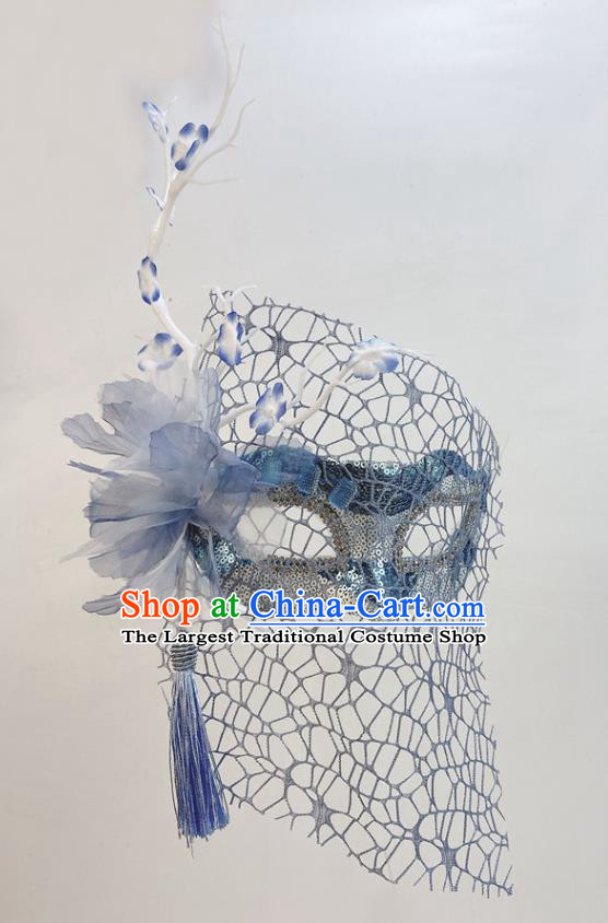 Handmade Cosplay Party Branch Mask Blue Silk Flower Face Mask Halloween Stage Performance Deluxe Headpiece