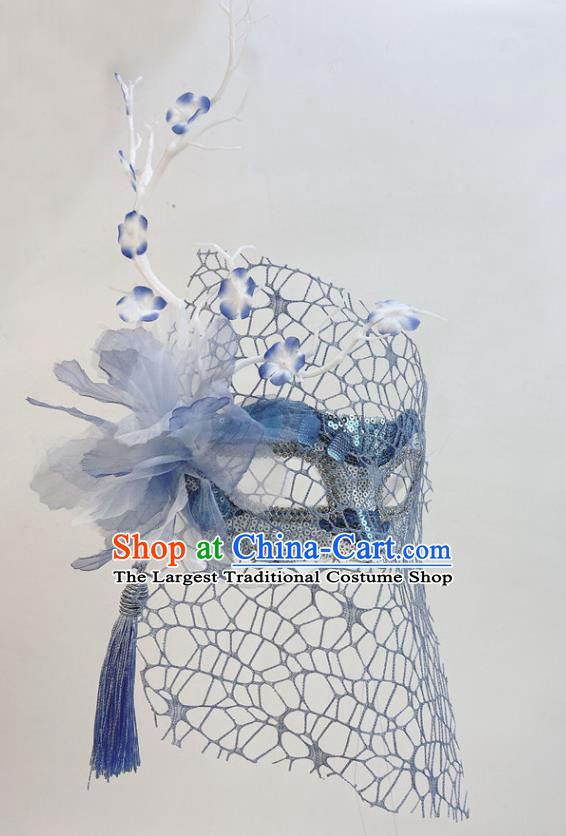 Handmade Cosplay Party Branch Mask Blue Silk Flower Face Mask Halloween Stage Performance Deluxe Headpiece