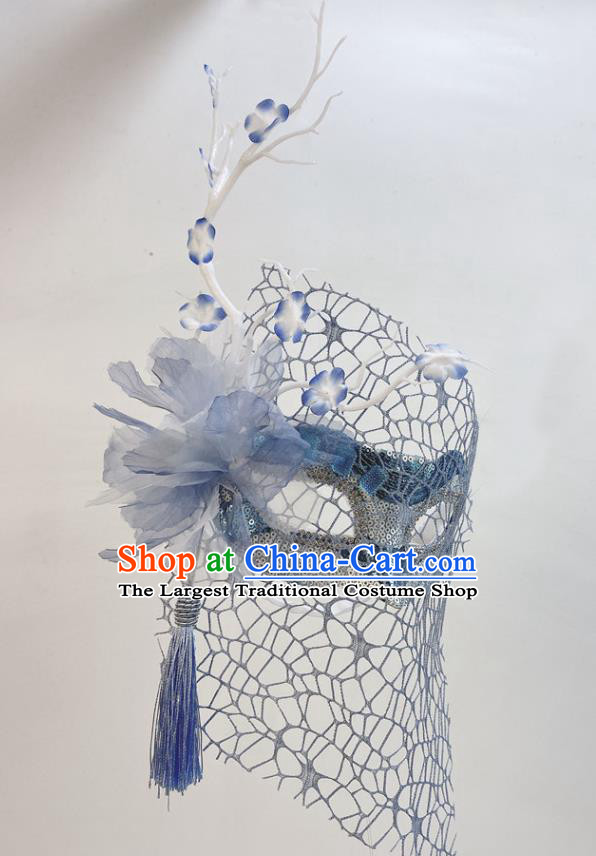 Handmade Cosplay Party Branch Mask Blue Silk Flower Face Mask Halloween Stage Performance Deluxe Headpiece