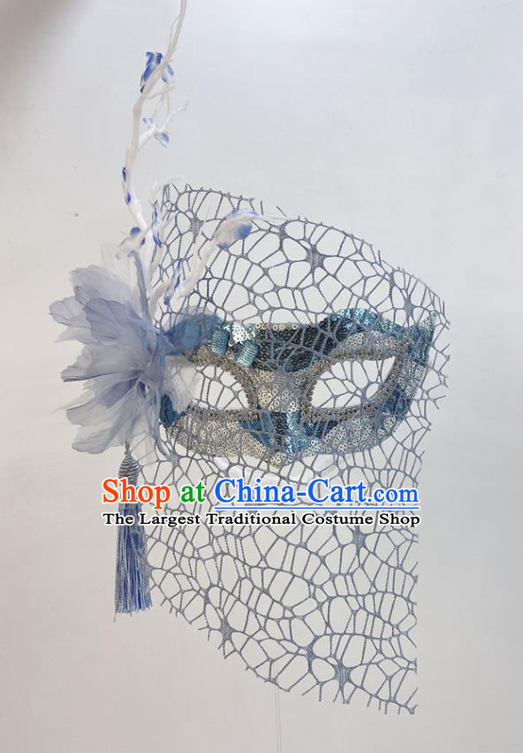 Handmade Cosplay Party Branch Mask Blue Silk Flower Face Mask Halloween Stage Performance Deluxe Headpiece