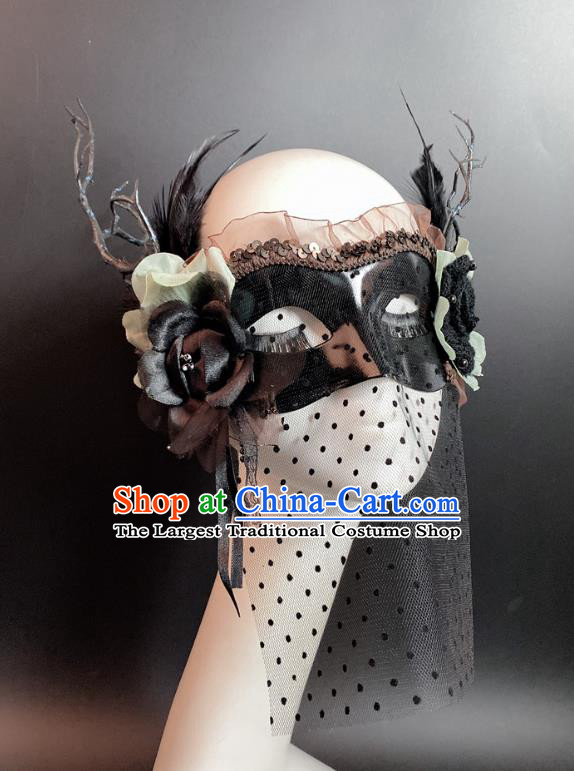 Halloween Cosplay Party Black Branch Mask Deluxe Veil Face Mask Handmade Stage Performance Blinder Headpiece