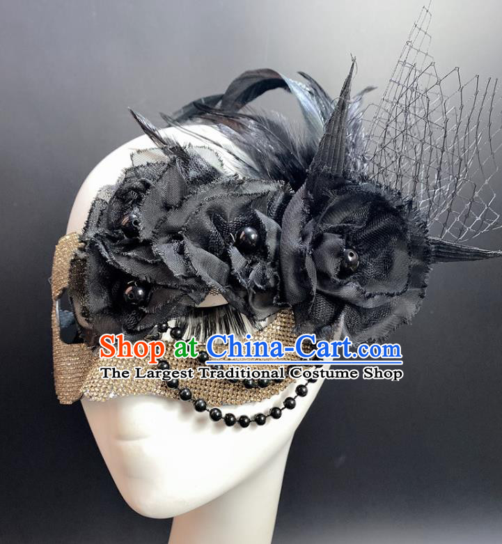 Handmade Stage Performance Blinder Headpiece Halloween Cosplay Party Black Silk Flowers Mask Deluxe Beads Face Mask