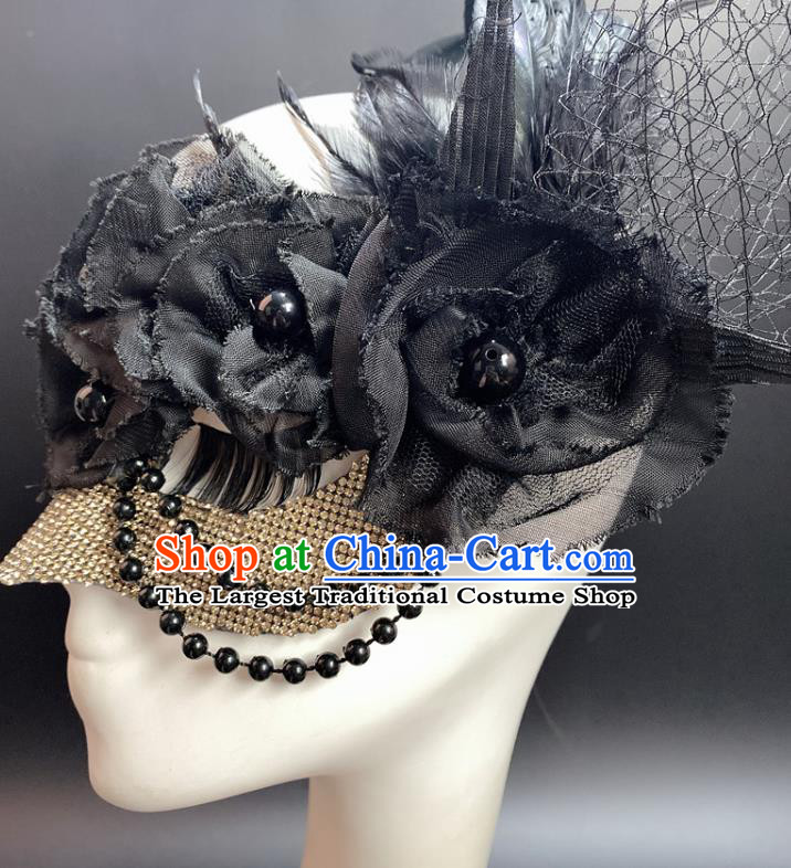 Handmade Stage Performance Blinder Headpiece Halloween Cosplay Party Black Silk Flowers Mask Deluxe Beads Face Mask