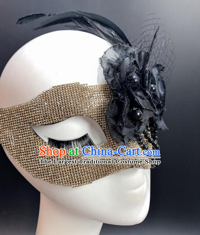 Handmade Stage Performance Blinder Headpiece Halloween Cosplay Party Black Silk Flowers Mask Deluxe Beads Face Mask