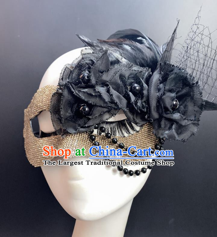 Handmade Stage Performance Blinder Headpiece Halloween Cosplay Party Black Silk Flowers Mask Deluxe Beads Face Mask
