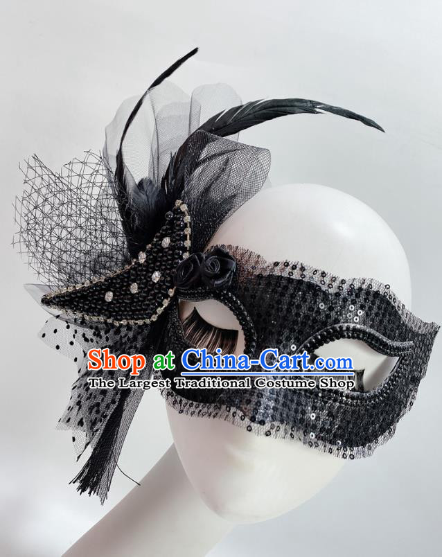 Handmade Deluxe Black Beads Face Mask Stage Performance Blinder Headpiece Halloween Cosplay Party Feather Mask