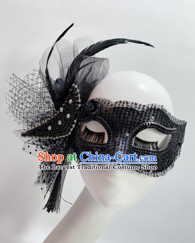 Handmade Deluxe Black Beads Face Mask Stage Performance Blinder Headpiece Halloween Cosplay Party Feather Mask