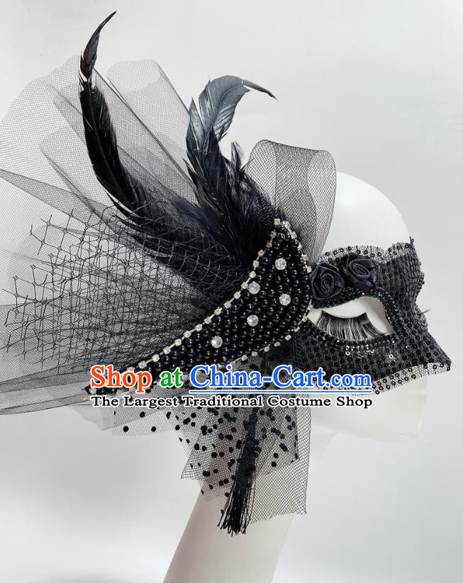 Handmade Deluxe Black Beads Face Mask Stage Performance Blinder Headpiece Halloween Cosplay Party Feather Mask