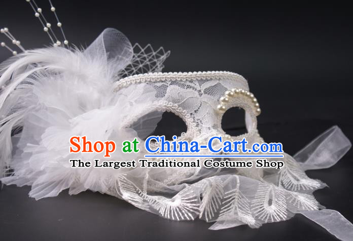 Halloween Cosplay Party White Feather Mask Handmade Deluxe Lace Pearls Face Mask Stage Performance Blinder Headpiece