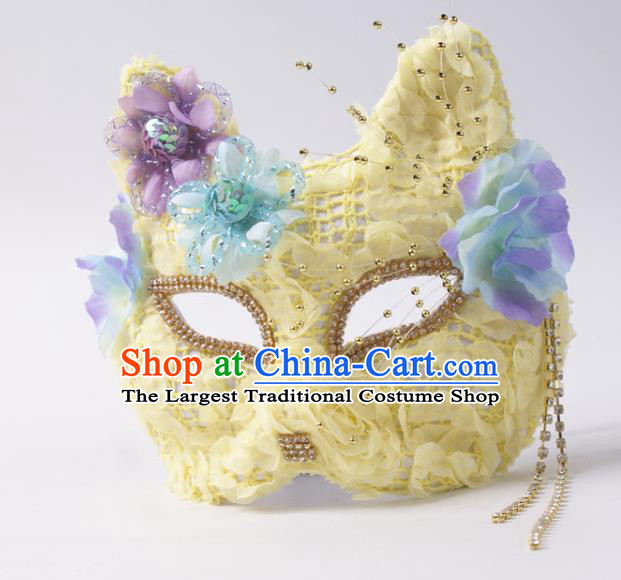 Halloween Stage Performance Headpiece Cosplay Party Yellow Lace Mask Handmade Deluxe Fox Face Mask