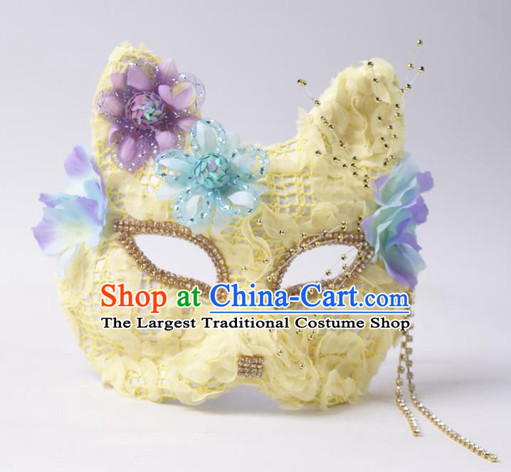 Halloween Stage Performance Headpiece Cosplay Party Yellow Lace Mask Handmade Deluxe Fox Face Mask