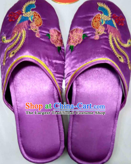 Chinese Bride Shoes Handmade Purple Satin Shoes Embroidery Phoenix Peony Slippers Wedding Footwear