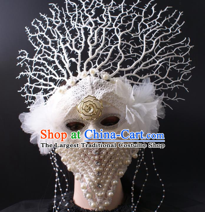 Deluxe White Lace Face Mask Stage Performance Headpiece Halloween Cosplay Pearls Mask