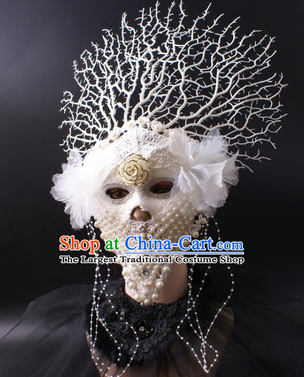 Deluxe White Lace Face Mask Stage Performance Headpiece Halloween Cosplay Pearls Mask