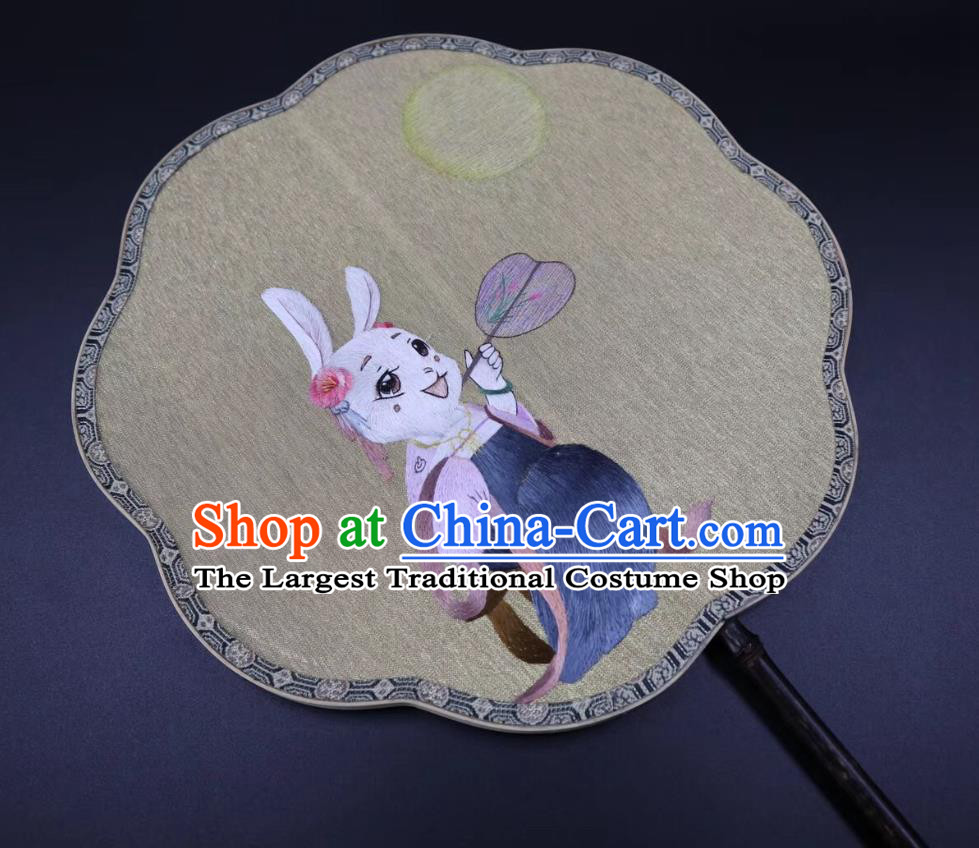 China Suzhou Embroidered Rabbit Palace Fan Handmade Double Side Fan Classical Kesi Fans Traditional Hanfu Beige Silk Fan