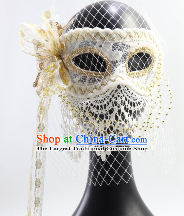Handmade White Lace Face Mask Stage Performance Headpiece Deluxe Halloween Cosplay Woman Mask
