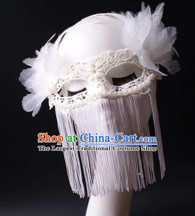 Deluxe Halloween Cosplay Woman White Tassel Mask Handmade Lace Face Mask Stage Performance Headpiece