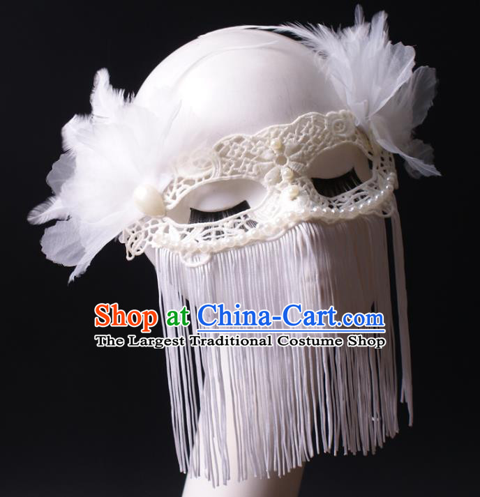 Deluxe Halloween Cosplay Woman White Tassel Mask Handmade Lace Face Mask Stage Performance Headpiece