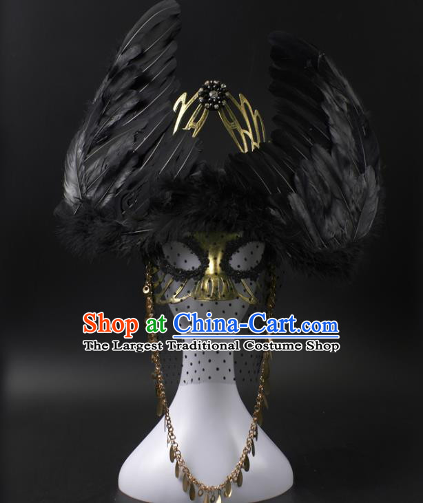 Professional Rio Carnival Headwear Cosplay Wings Mask Party Performance Black Feather Face Mask
