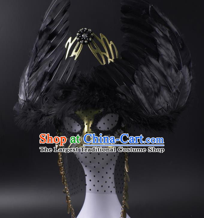 Professional Rio Carnival Headwear Cosplay Wings Mask Party Performance Black Feather Face Mask