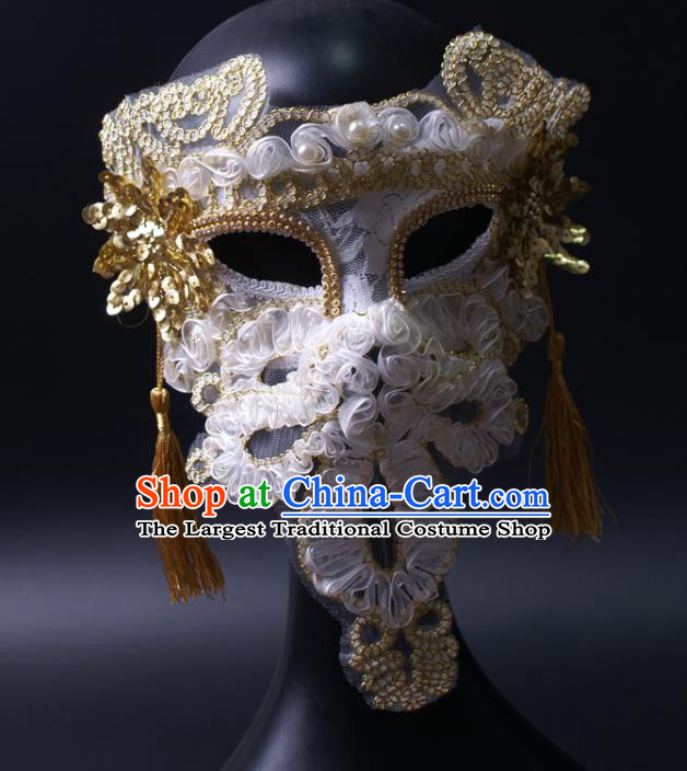 Deluxe Stage Performance Headpiece Halloween Cosplay Woman White Silk Flowers Mask Handmade Pearls Face Mask