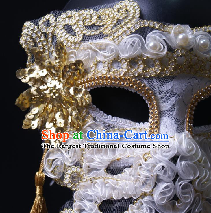 Deluxe Stage Performance Headpiece Halloween Cosplay Woman White Silk Flowers Mask Handmade Pearls Face Mask