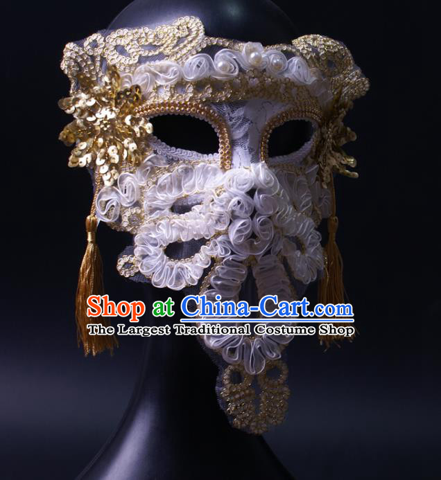 Deluxe Stage Performance Headpiece Halloween Cosplay Woman White Silk Flowers Mask Handmade Pearls Face Mask