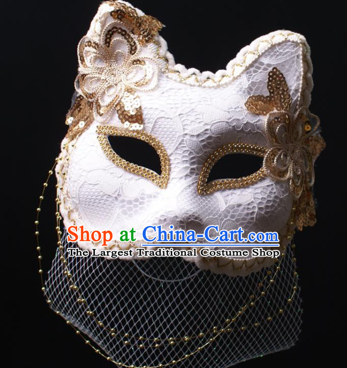 Handmade White Lace Fox Face Mask Deluxe Stage Performance Headpiece Halloween Cosplay Woman Veil Mask