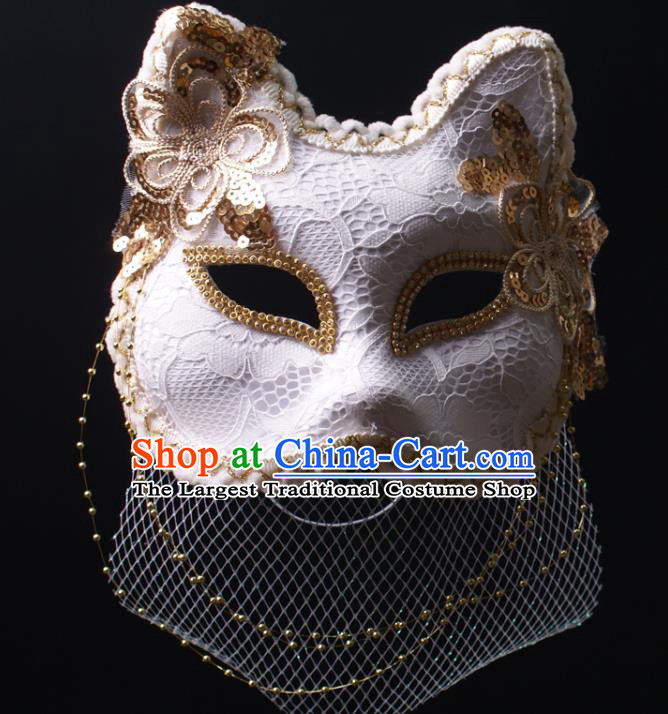 Handmade White Lace Fox Face Mask Deluxe Stage Performance Headpiece Halloween Cosplay Woman Veil Mask