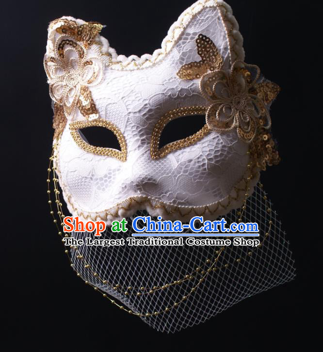 Handmade White Lace Fox Face Mask Deluxe Stage Performance Headpiece Halloween Cosplay Woman Veil Mask