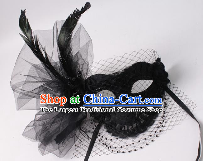 Handmade Face Mask Halloween Deluxe Stage Performance Blinder Headpiece Cosplay Party Black Feather Mask