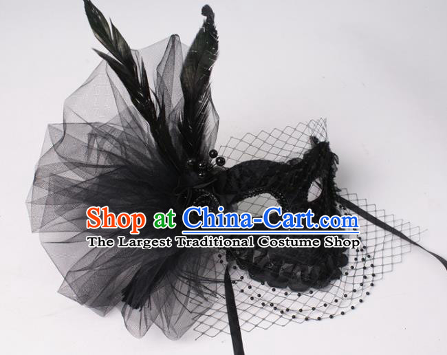 Handmade Face Mask Halloween Deluxe Stage Performance Blinder Headpiece Cosplay Party Black Feather Mask