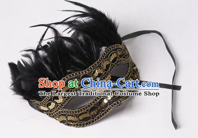 Professional Party Performance Black Feather Face Mask Rio Carnival Headwear Cosplay Golden Sequins Mask