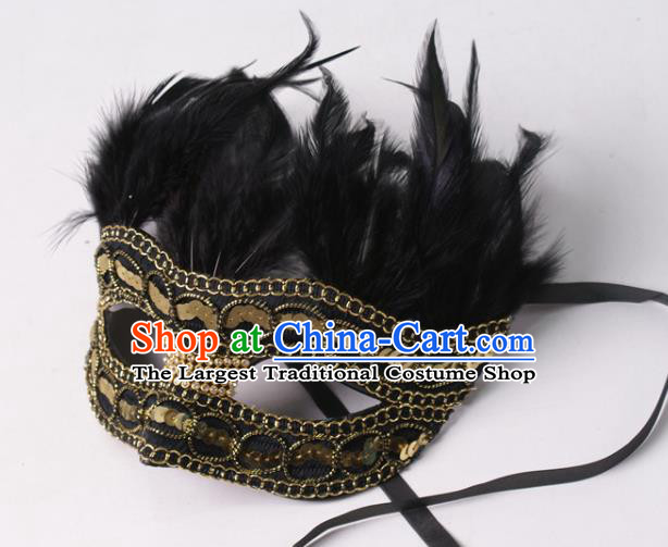 Professional Party Performance Black Feather Face Mask Rio Carnival Headwear Cosplay Golden Sequins Mask