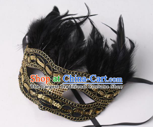 Professional Party Performance Black Feather Face Mask Rio Carnival Headwear Cosplay Golden Sequins Mask